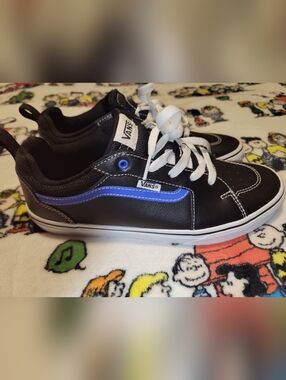 Vans Kids Black Sneakers with Blue Side Stripe